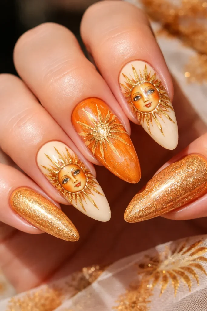 Sun-inspired Leo nails with gold sunburst design on orange base
