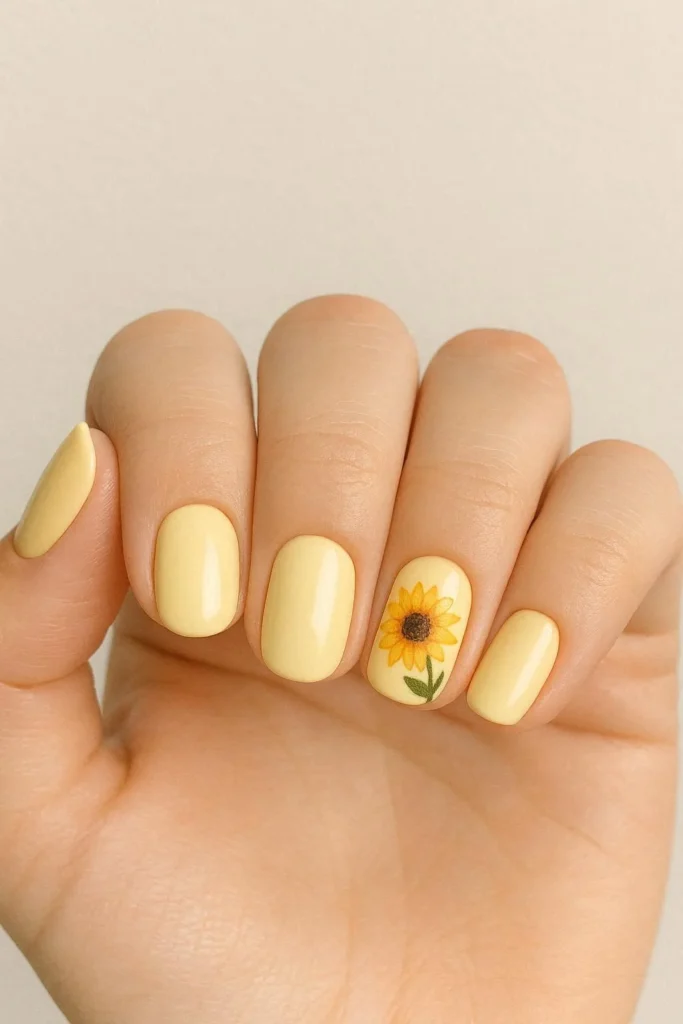  Cute sunflower accent nail art on a soft nude base