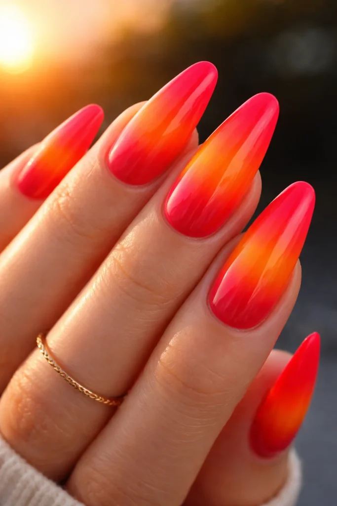 Sunset ombre Leo nails blending pink orange and red gradient