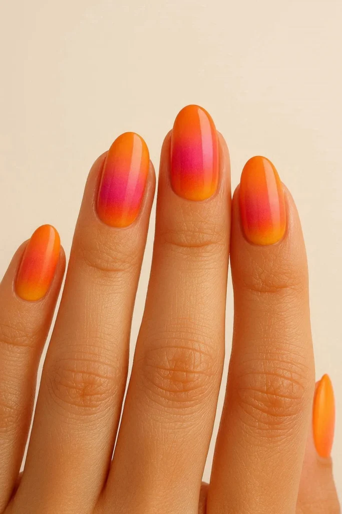  Sunset ombre nails blending orange pink and yellow shades