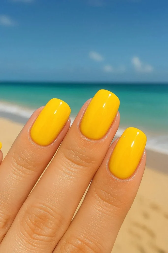 Sunshine yellow beach nail ideas bright glossy summer manicure