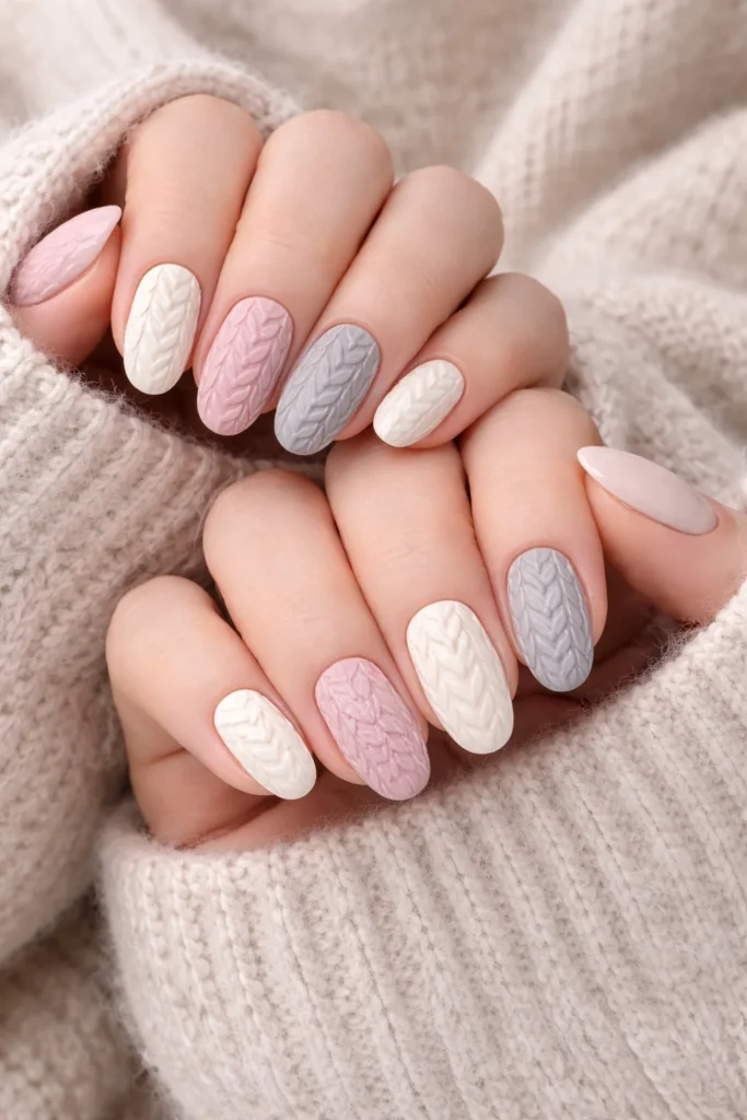 3D sweater texture knit pattern nails cozy winter nail art