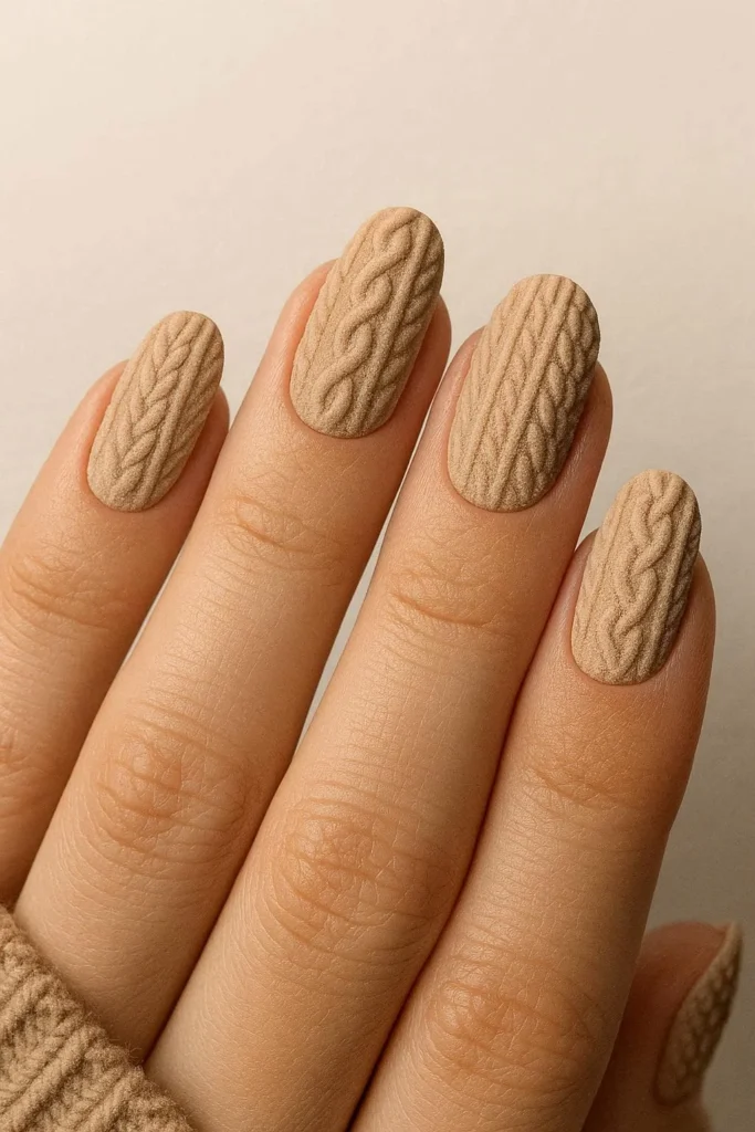 Cozy knit sweater texture nail art in warm neutral tones