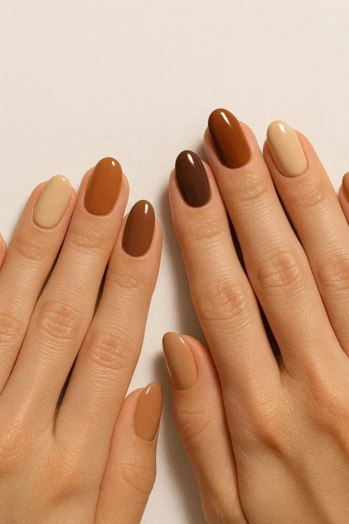 Tan and chocolate combo nails in warm neutral shades 