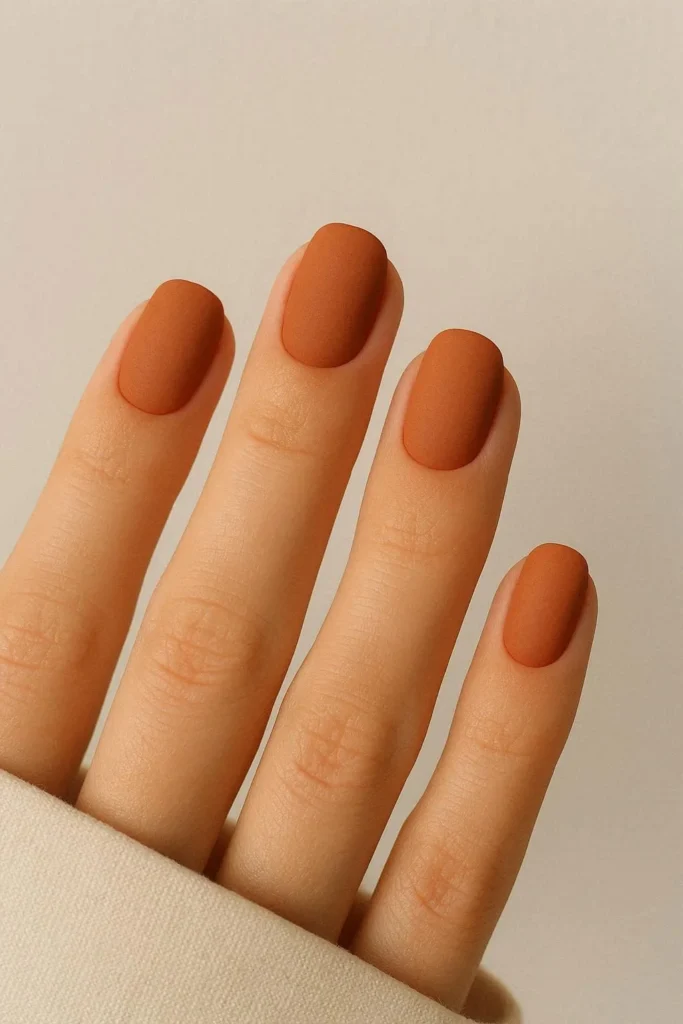 Terracotta matte nails in a warm earthy orange clay shade
