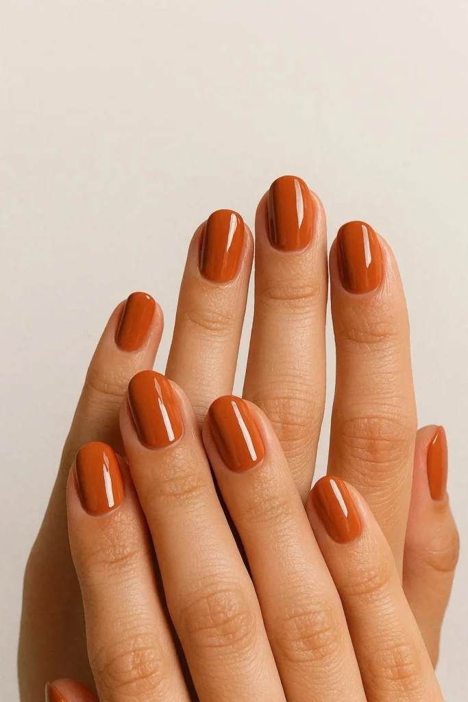 Warm earthy terracotta nails in rich clay autumn tones