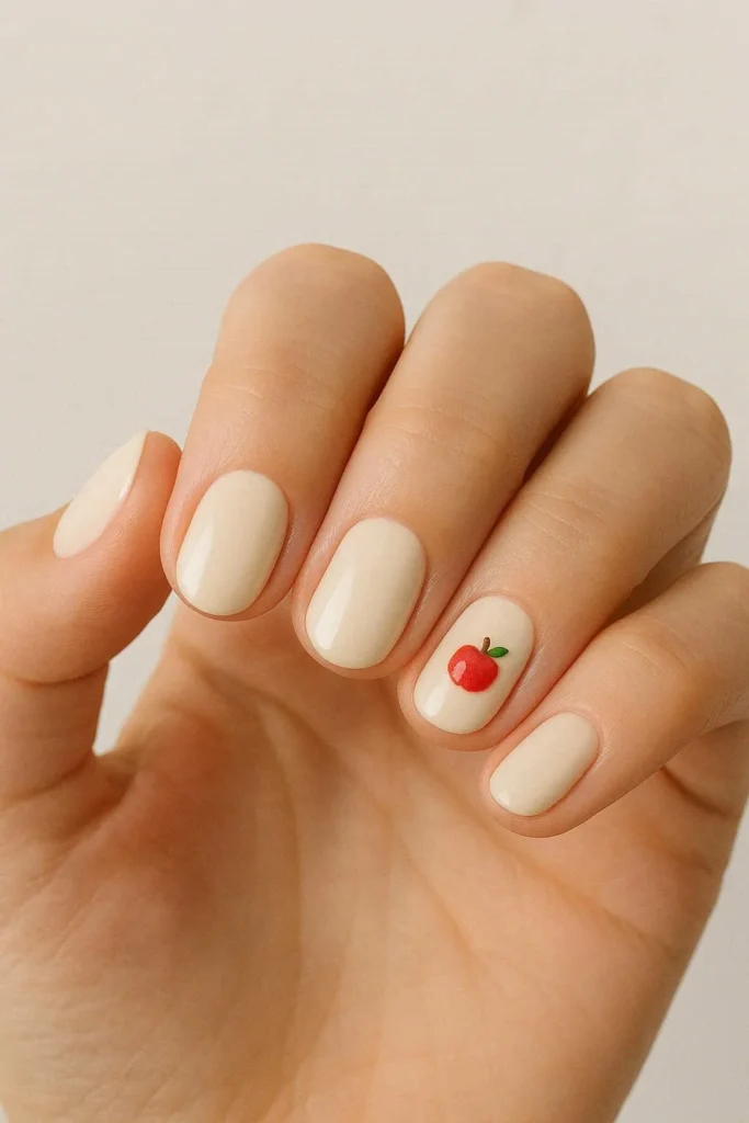 Tiny apple accent nails with red apple design on a neutral base