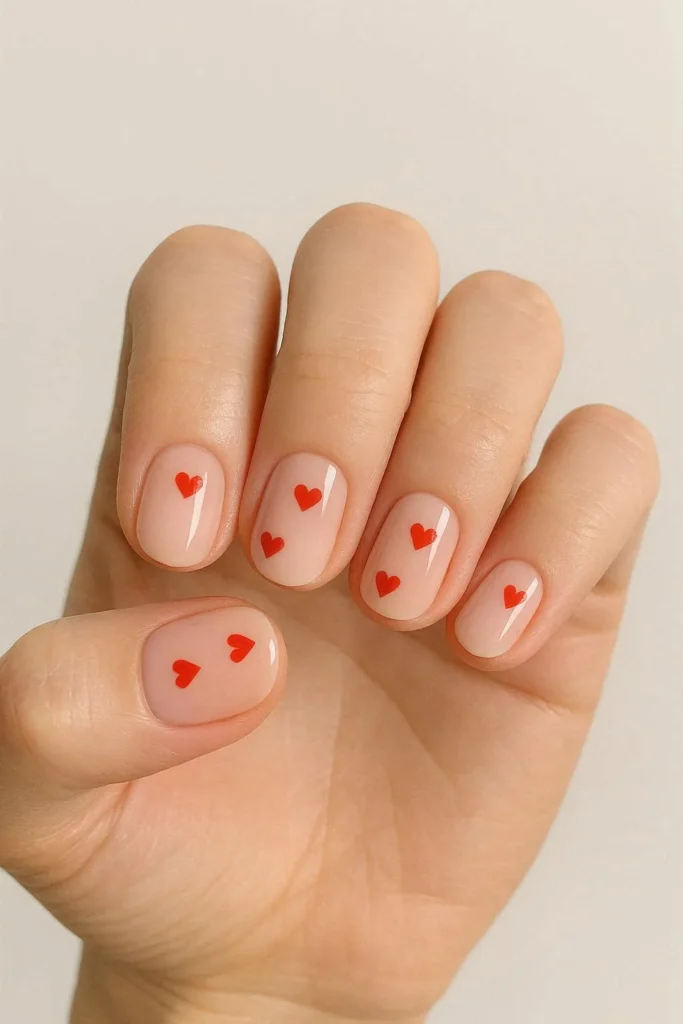 Cute tiny heart nail designs on nude and soft pink base 