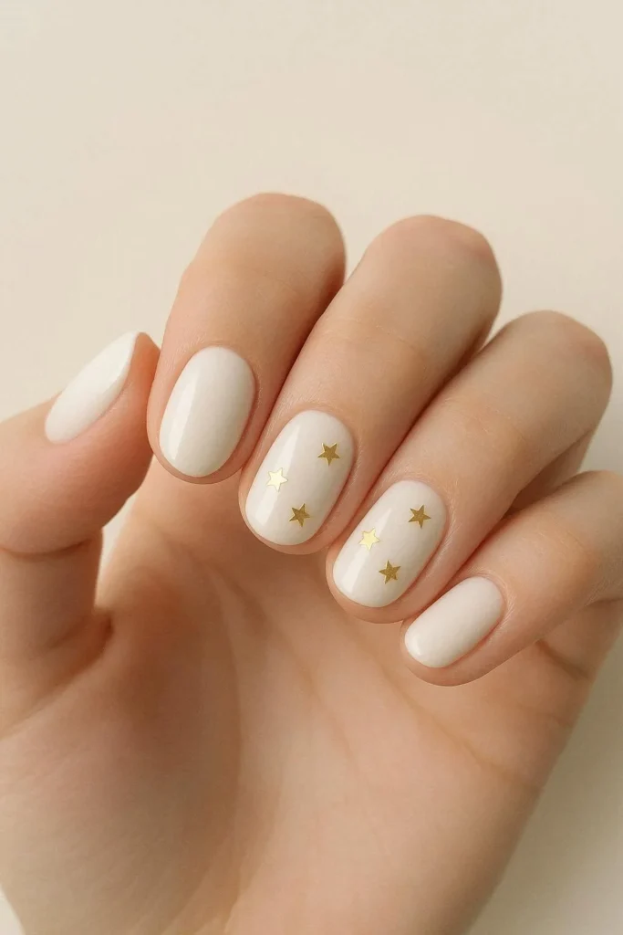 Tiny star accent nails with gold stars on a soft pastel base