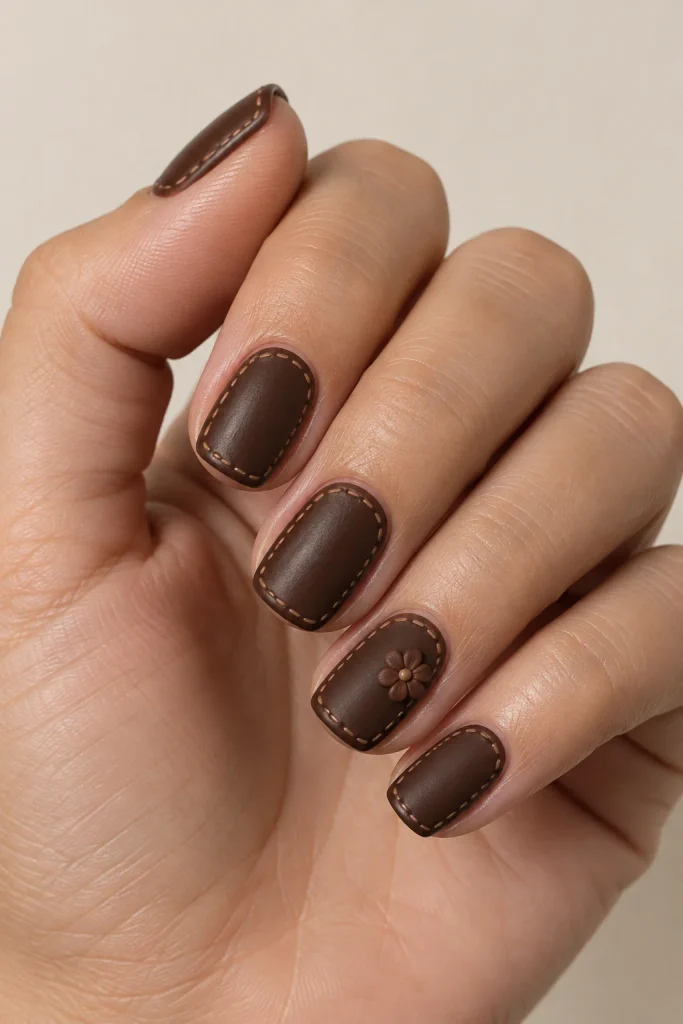 Caramel brown nails with tan leather-inspired stitching details