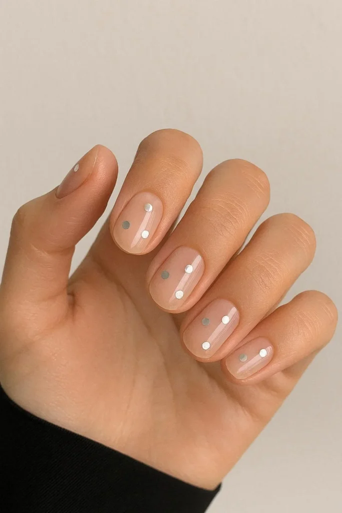 Clear sheer transparent base nails with floating polka dot design