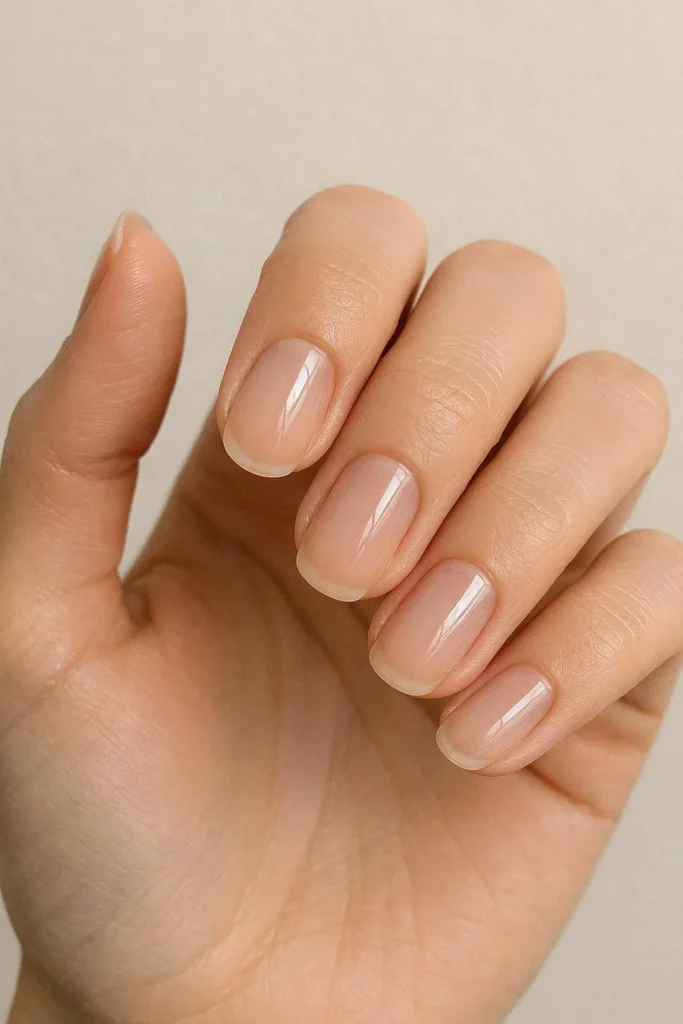 Transparent nude nails with a sheer glossy finish