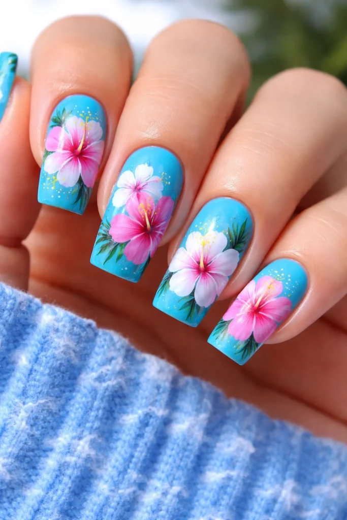 Tropical blue hibiscus flower nails ocean inspired summer design