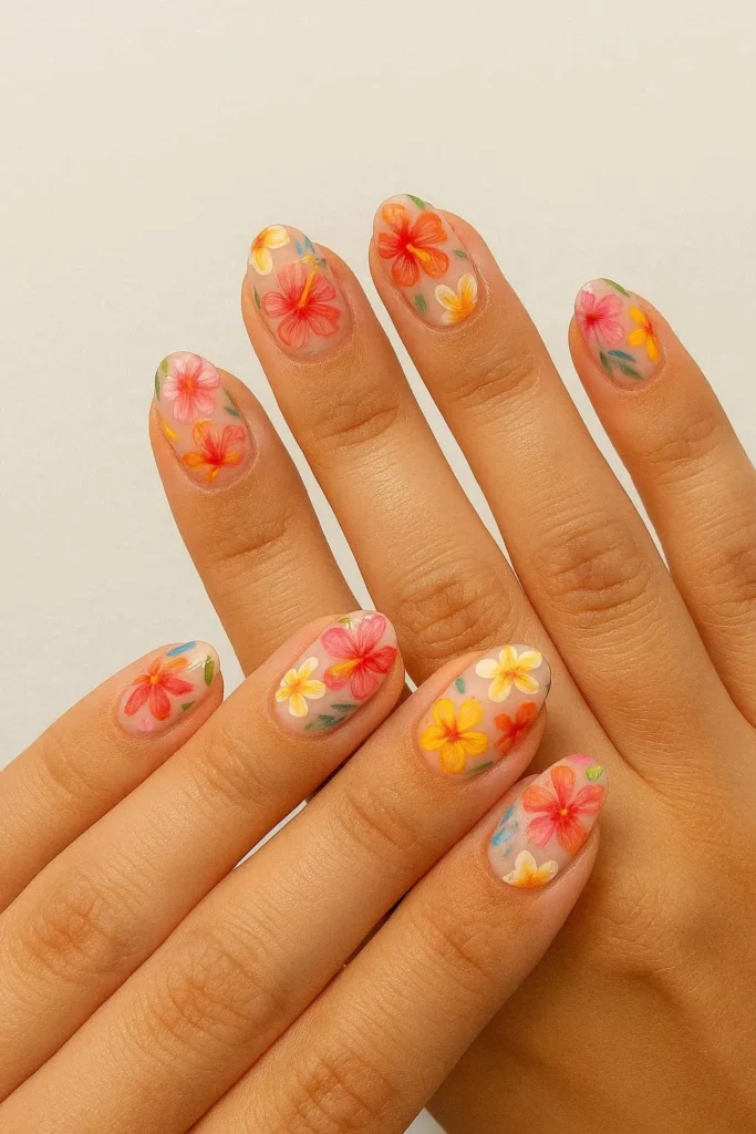 Colorful tropical floral nail art for a fun vacation look 