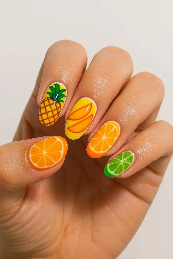 Tropical nail set with pineapple mango and citrus fruit designs