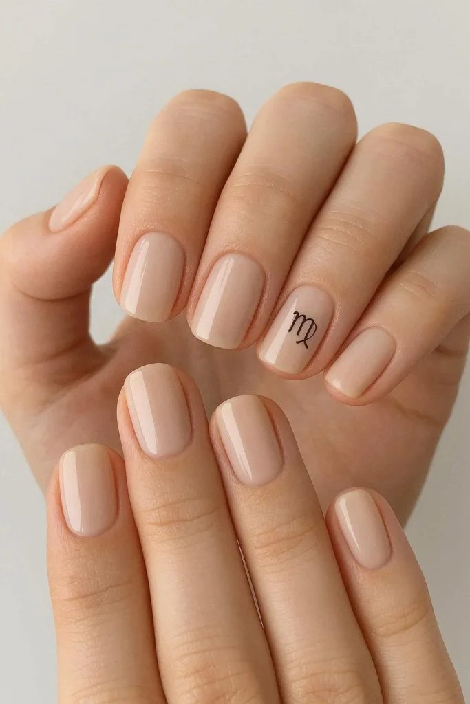 Virgo symbol accent nail with a tiny zodiac detail on nude