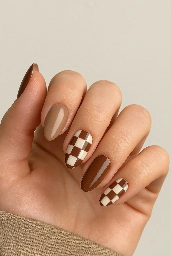 Western checker nails in brown and cream checkerboard pattern 