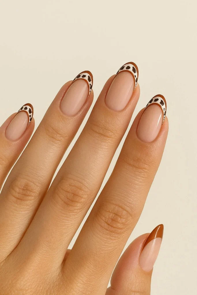 Western French tip nails with brown or cow print edges 