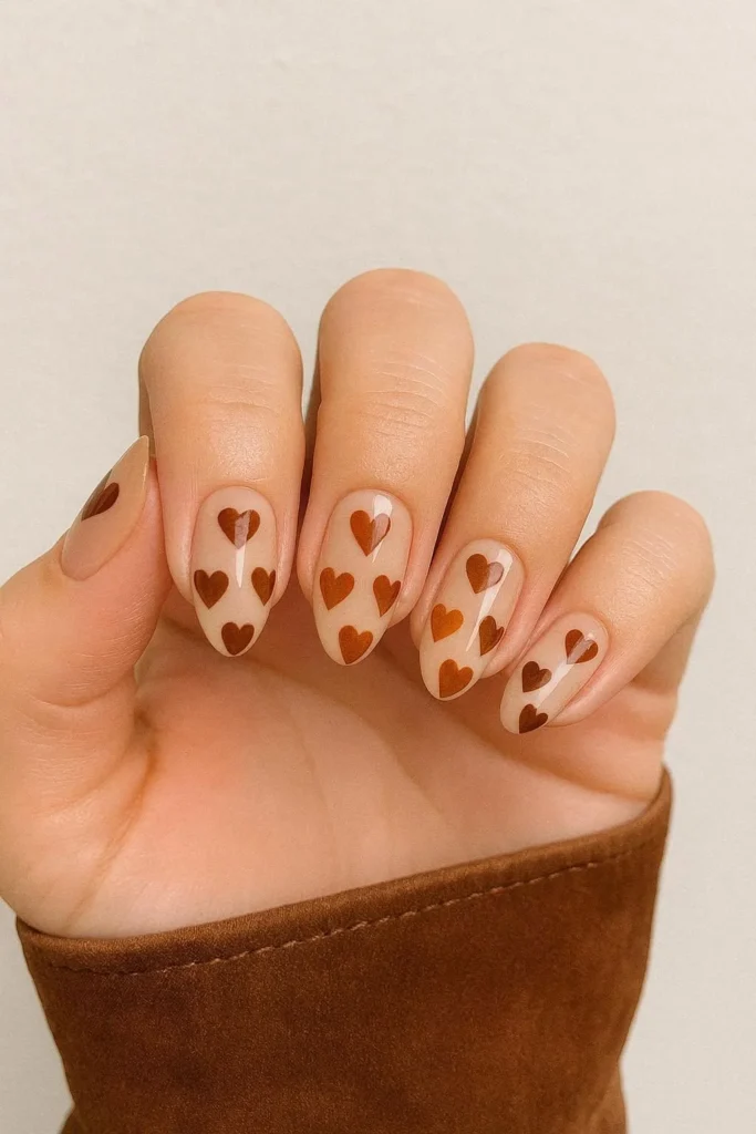 Western heart nails with tiny brown hearts on a nude base 
