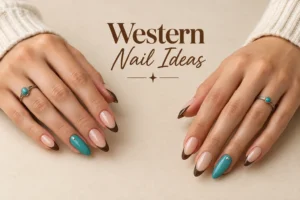 Stylish Western nail designs with turquoise, brown, gold, and cow print accents