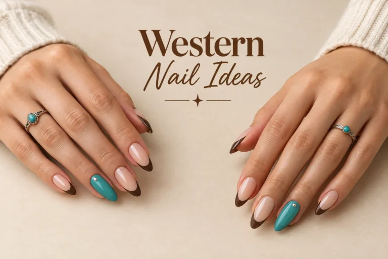 Stylish Western nail designs with turquoise, brown, gold, and cow print accents