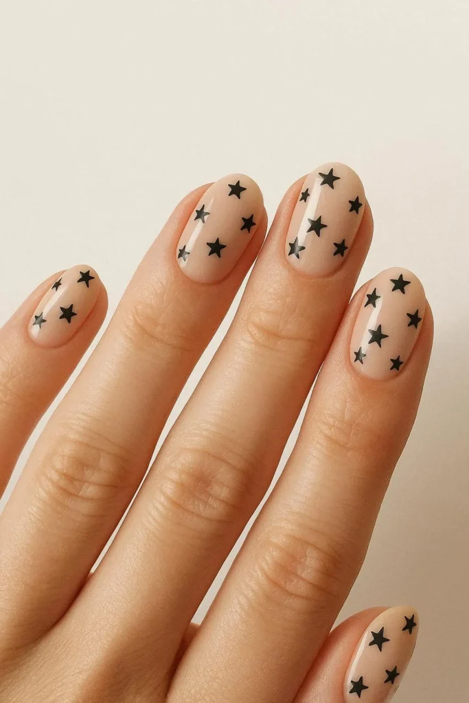 Western star nails with tiny stars on a beige nude base 