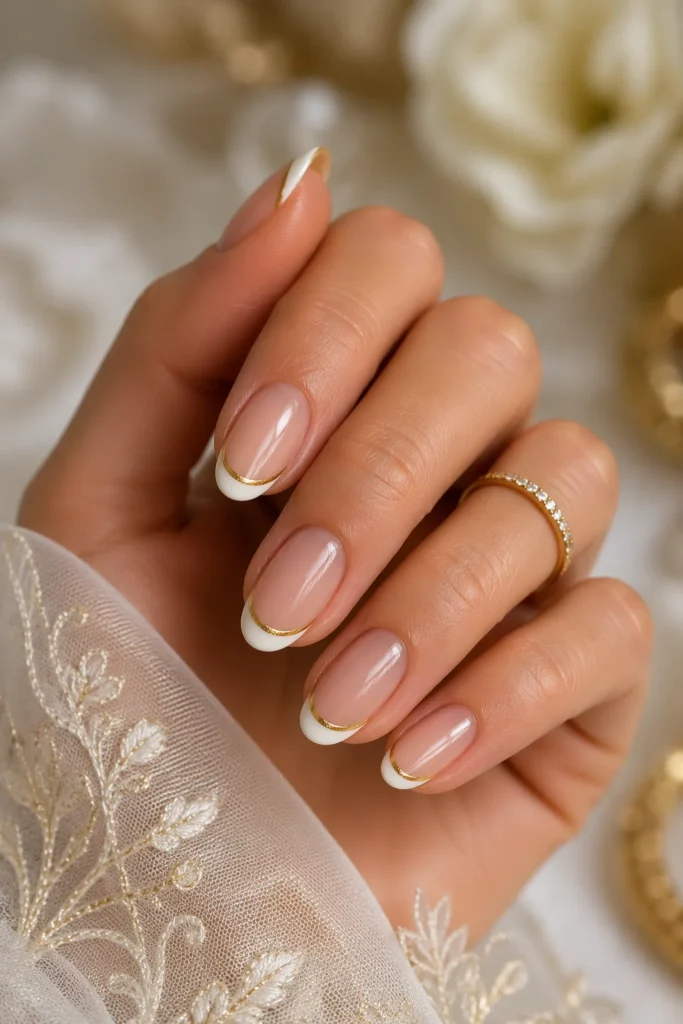 White and gold French tip nails for glamorous bridal look 