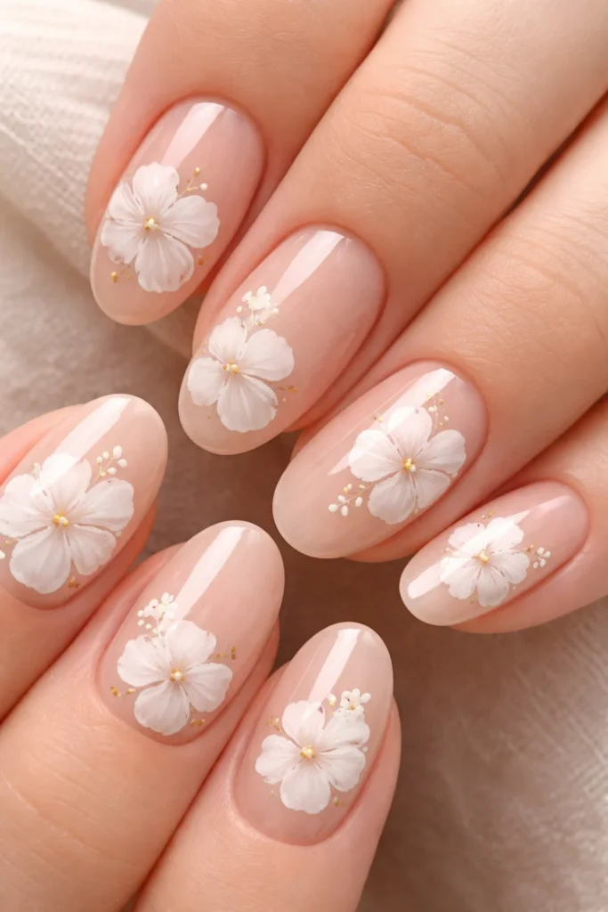 White hibiscus flowers on nude nails minimal elegant design