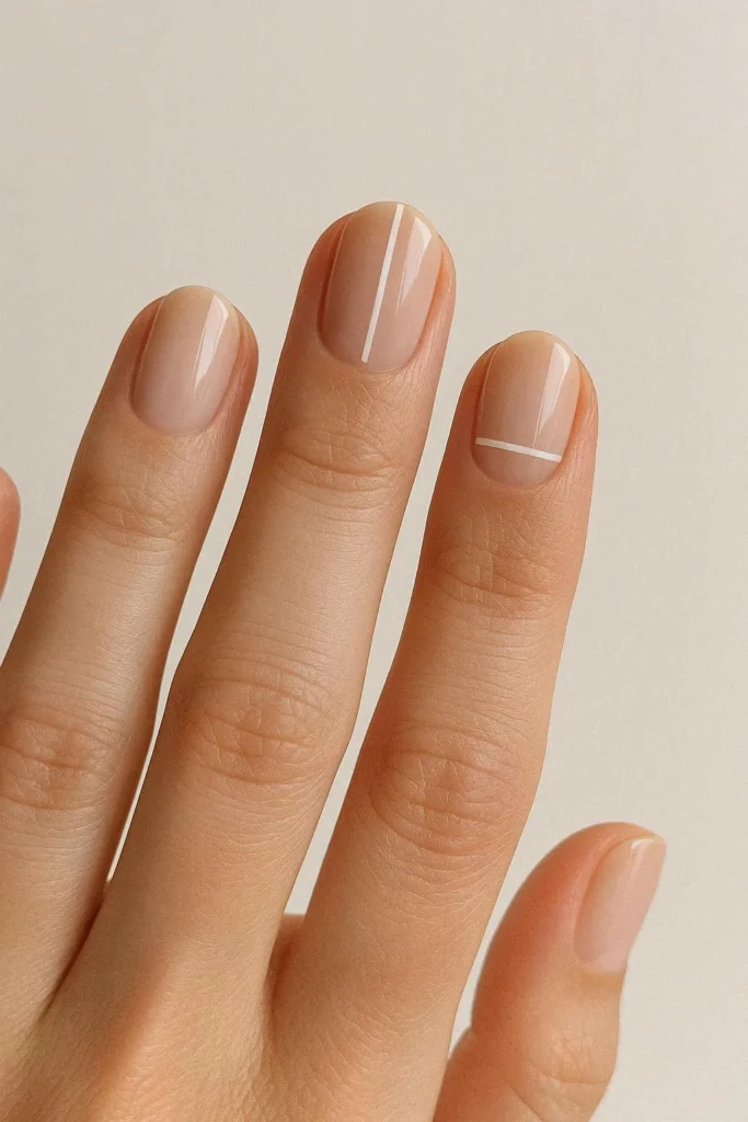 White line minimal nails with thin lines on nude