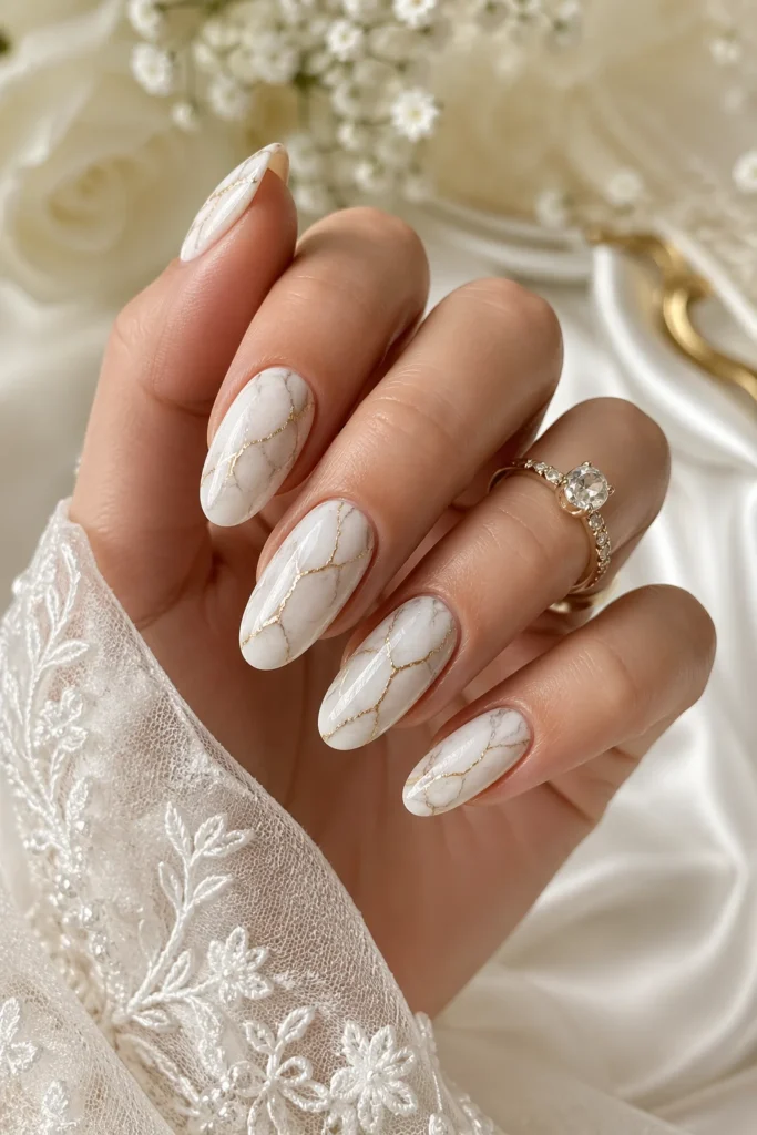 White marble wedding nails with delicate gold vein detail