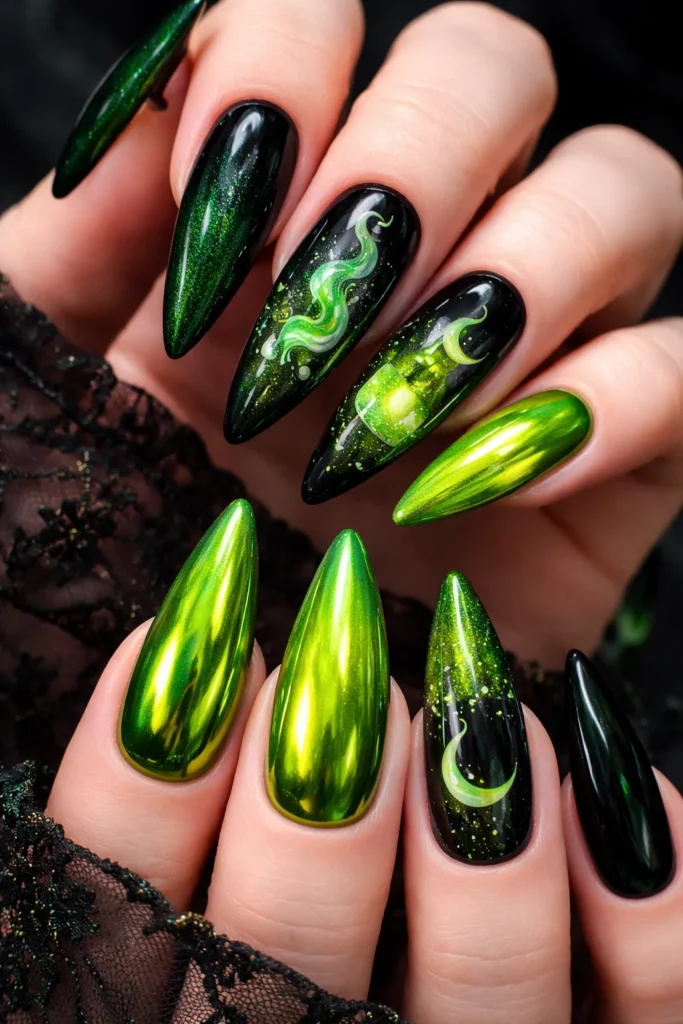  Deep witchy green nails with glossy chrome finish Halloween