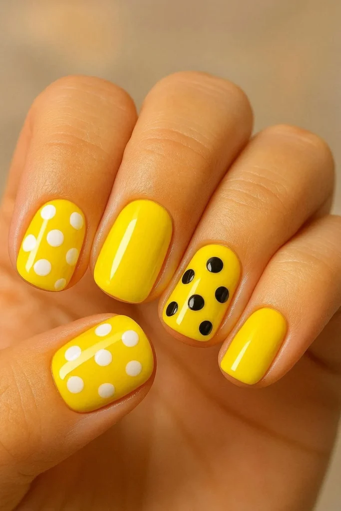  Bright yellow nails with white and black polka dots design