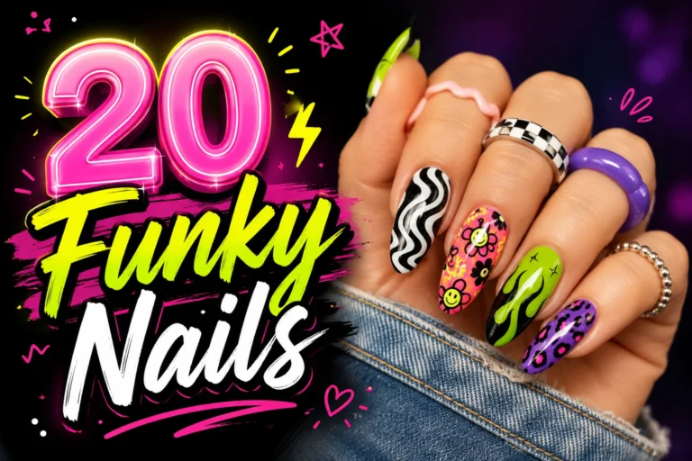 Hand with bold colorful funky nail art and trendy text