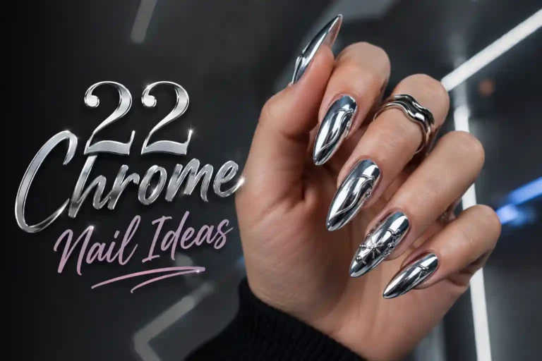 Futuristic chrome nails with glossy metallic silver finish on elegant hand