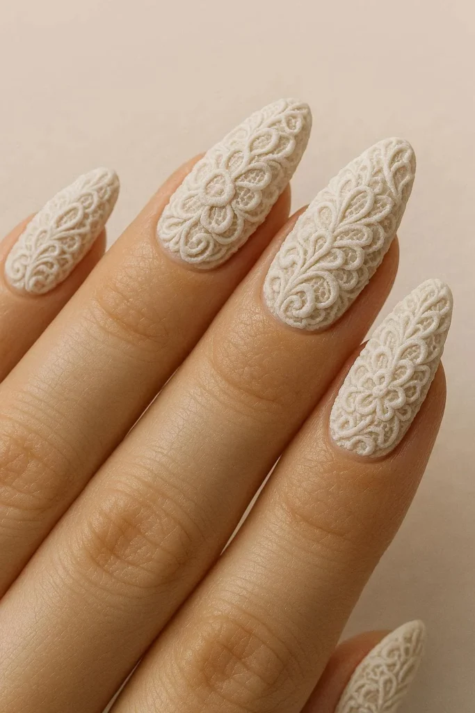 Raised 3D lace texture nail designs with sculpted intricate detail 