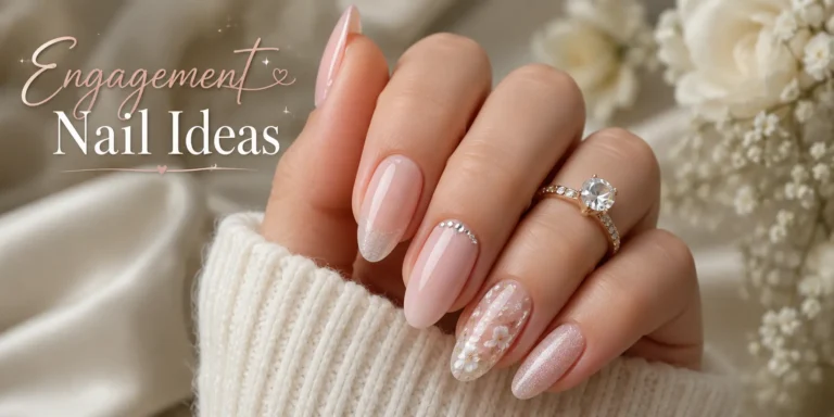 Elegant engagement nail design featuring a single hand with soft nude polish, delicate nail art, and a romantic bridal manicure look.