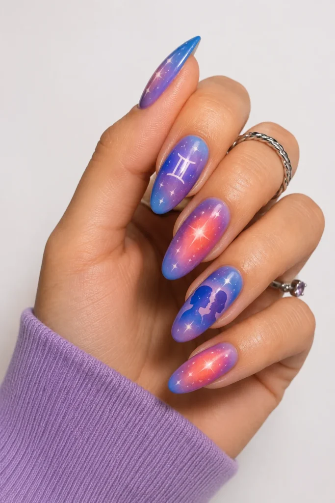 Airbrush Gemini nails with retro blended color gradient design