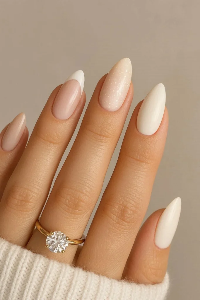 Almond shaped engagement nails elegant elongating bridal design 
