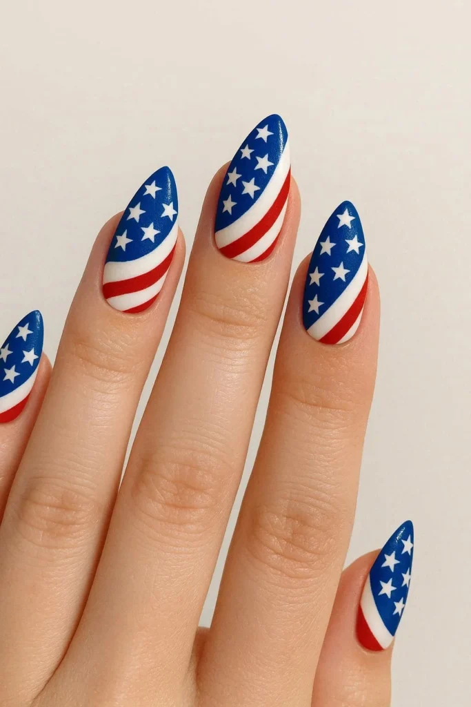 Elegant almond shaped nails with festive patriotic nail art 