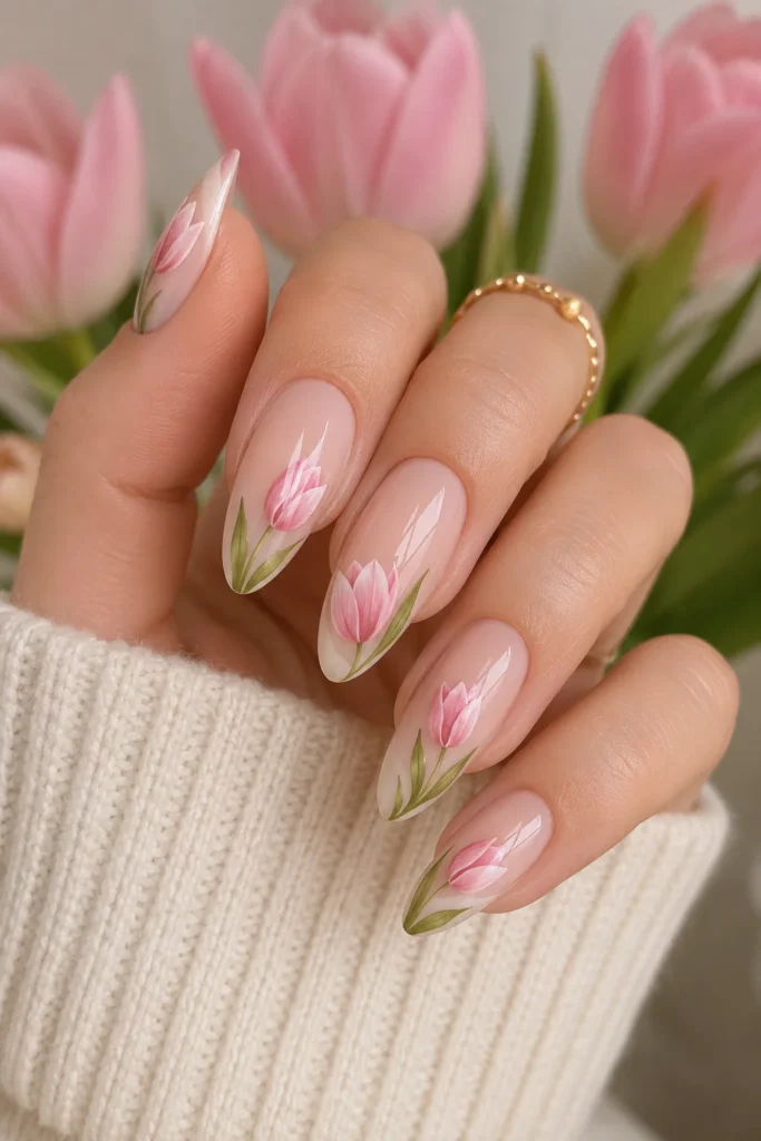  Almond shaped tulip nails with elegant floral placement and tapered silhouette