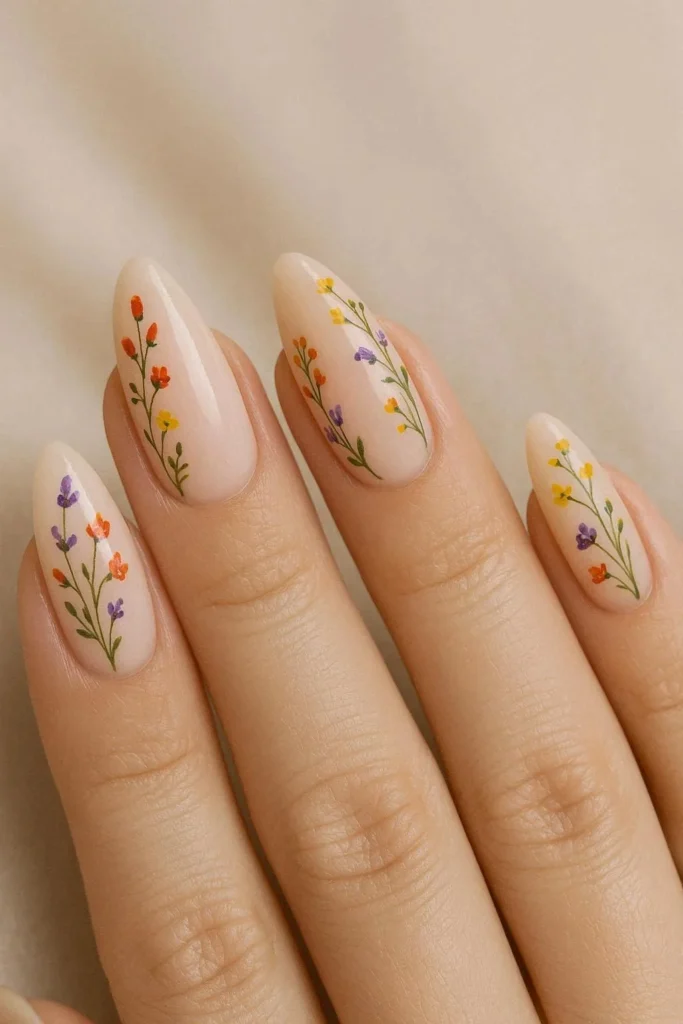 Almond shaped wildflower nails with elegant floral placement 
