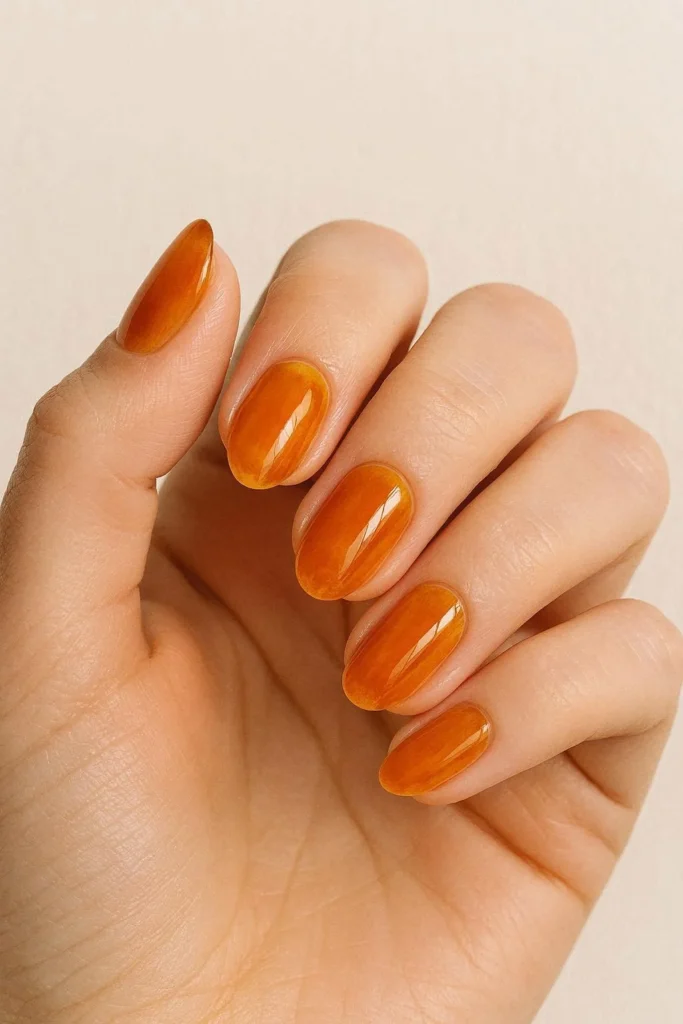 Amber jelly nails warm translucent golden Mediterranean inspired