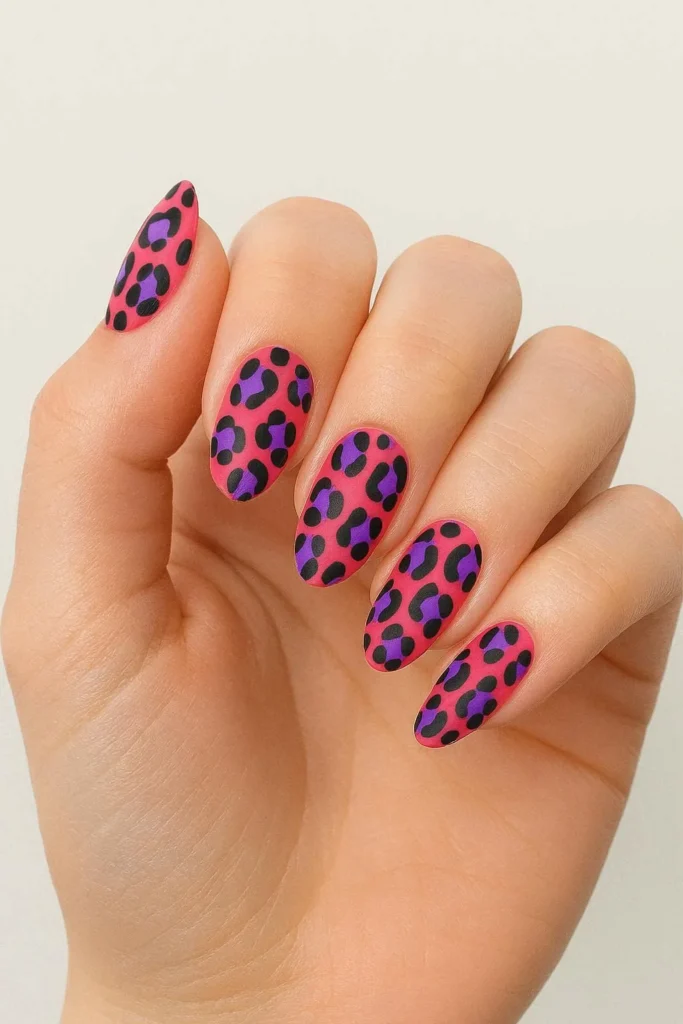 Bold animal print Y2K nails in neon pink and purple