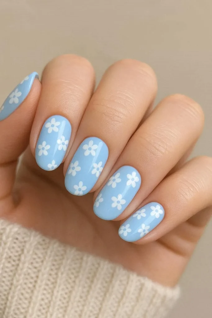 Baby blue base nails with delicate white floral design