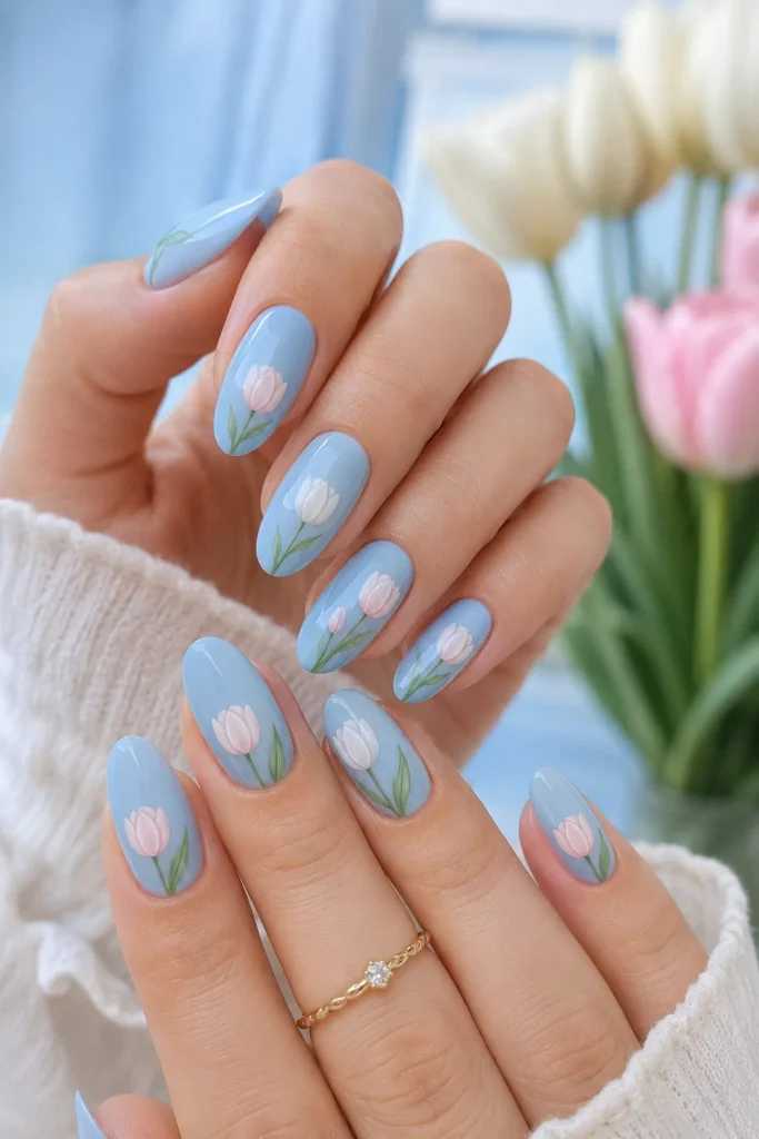 Baby blue tulip nails with white and pink floral designs on light blue base