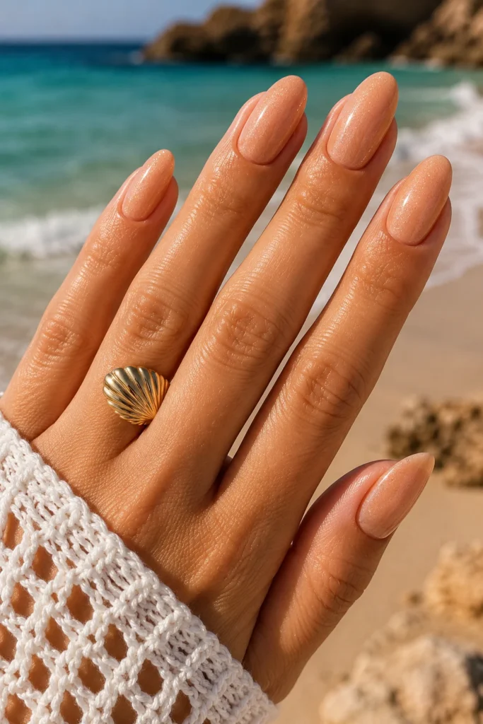Beach glow nude nails warm shimmer golden summer finish 