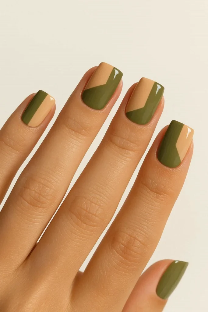Beige and olive color block nails earthy geometric Y2K design
