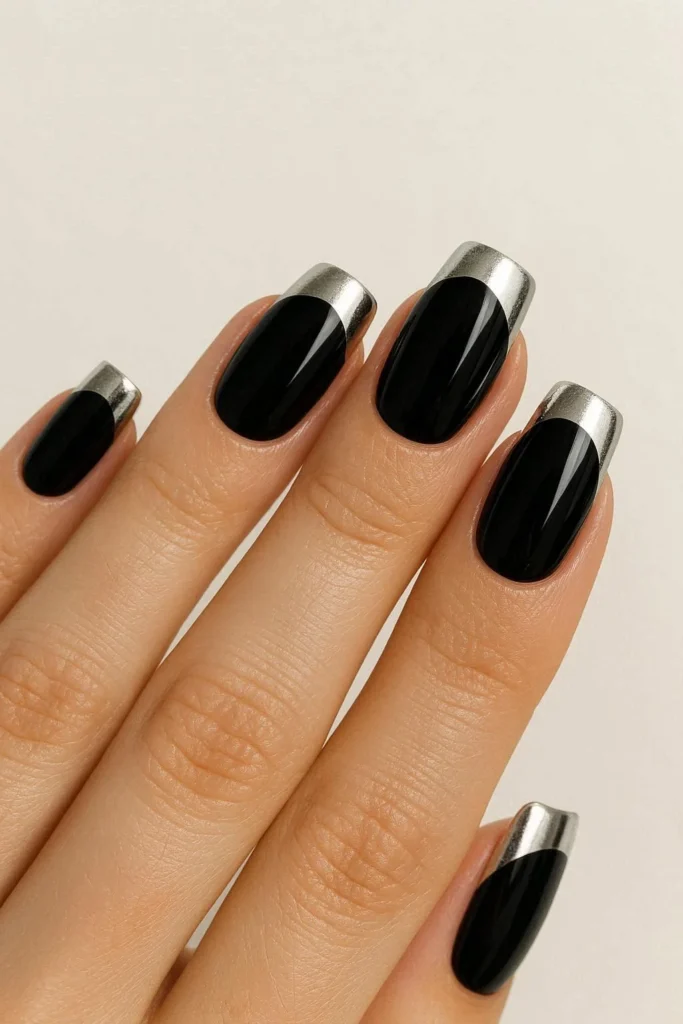 Bold black and silver metallic nails for winter glam look 