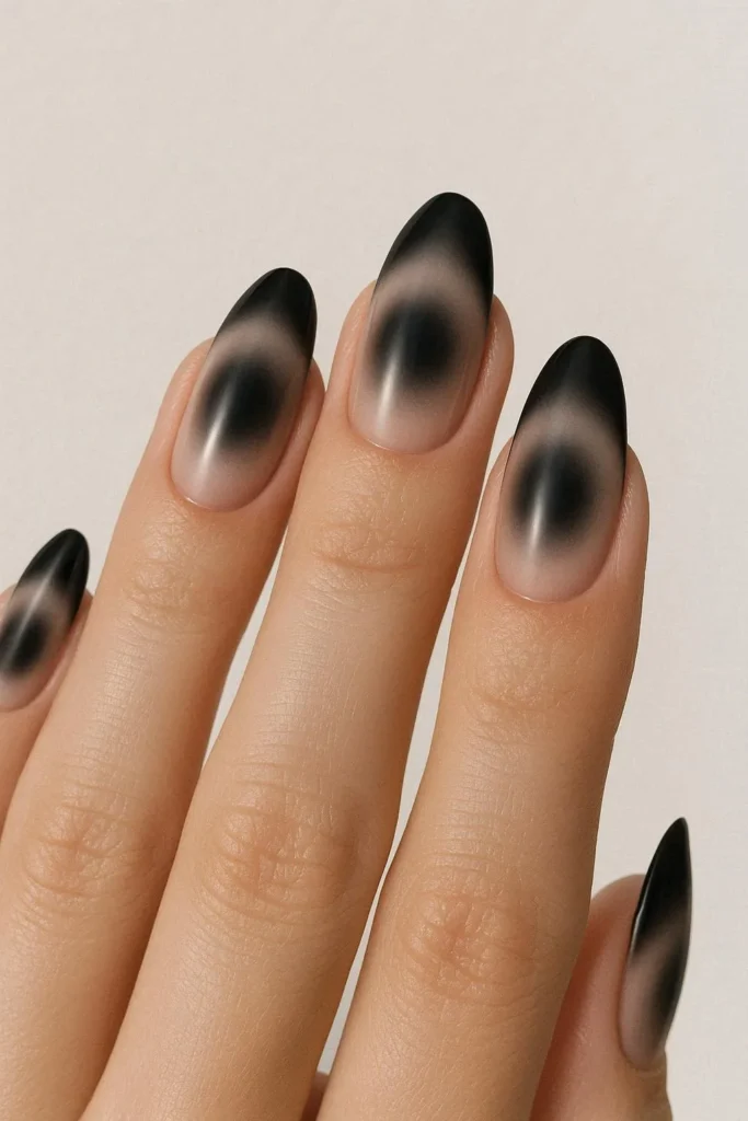 Black aura French tip nails with smoky gradient effect