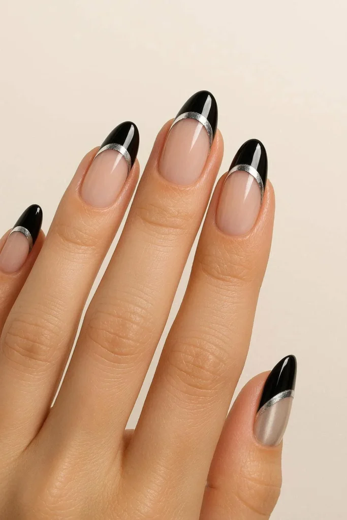 Black French tip nails with silver chrome metallic finish